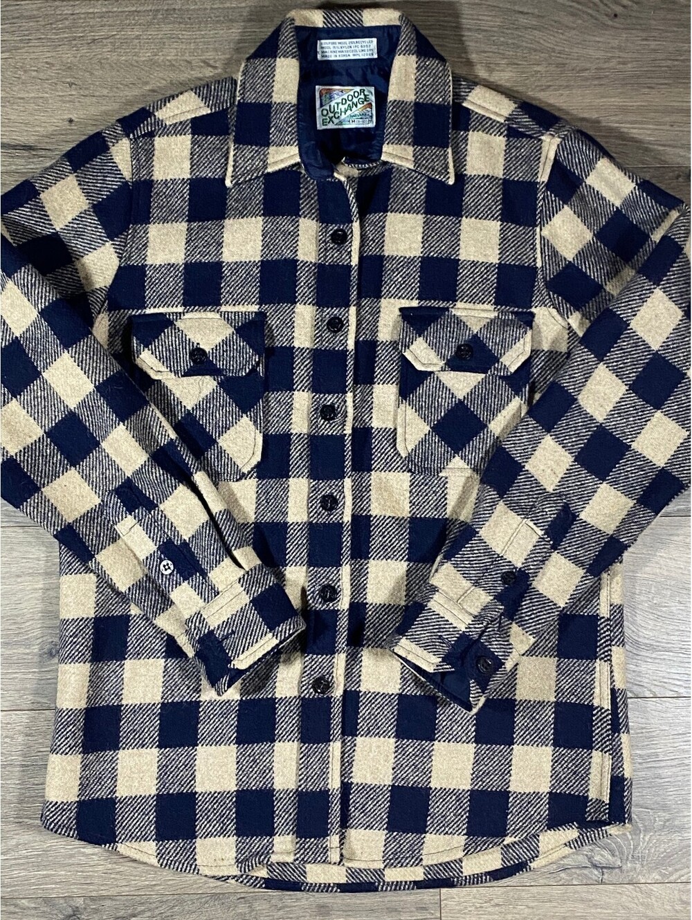 Vintage Outdoor Exchange Wool Shacket Mens M Navy Cream Buffalo Plaid Korea